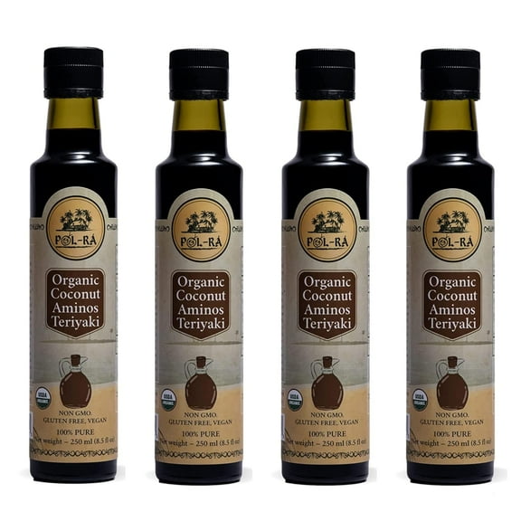 P L-RA Organic Coconut Aminos Sauce Teriyaki - Soy Sauce Alternative - Vegan, Paleo & Keto - Soy Free - Low Glycemic, Low Sodium - Marinade Substitute - Gluten Free - Kosher - 8.5 oz - Pack of 4