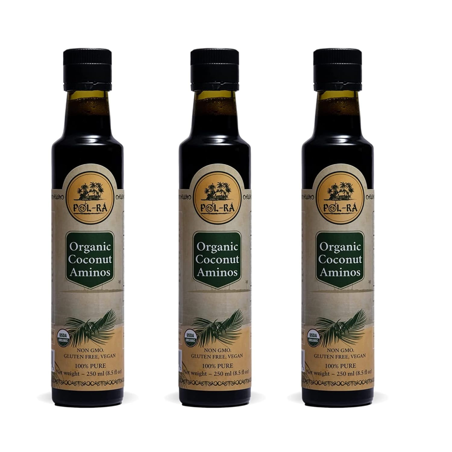 P L-RA  Organic Coconut Aminos - Soy Sauce Alternative - Vegan, Paleo & Keto - Low Glycemic, Low Sodium - Marinade Substitute - Gluten Free - Soy Free - Kosher - 8.5 oz (50 Servings) - Pack of 3