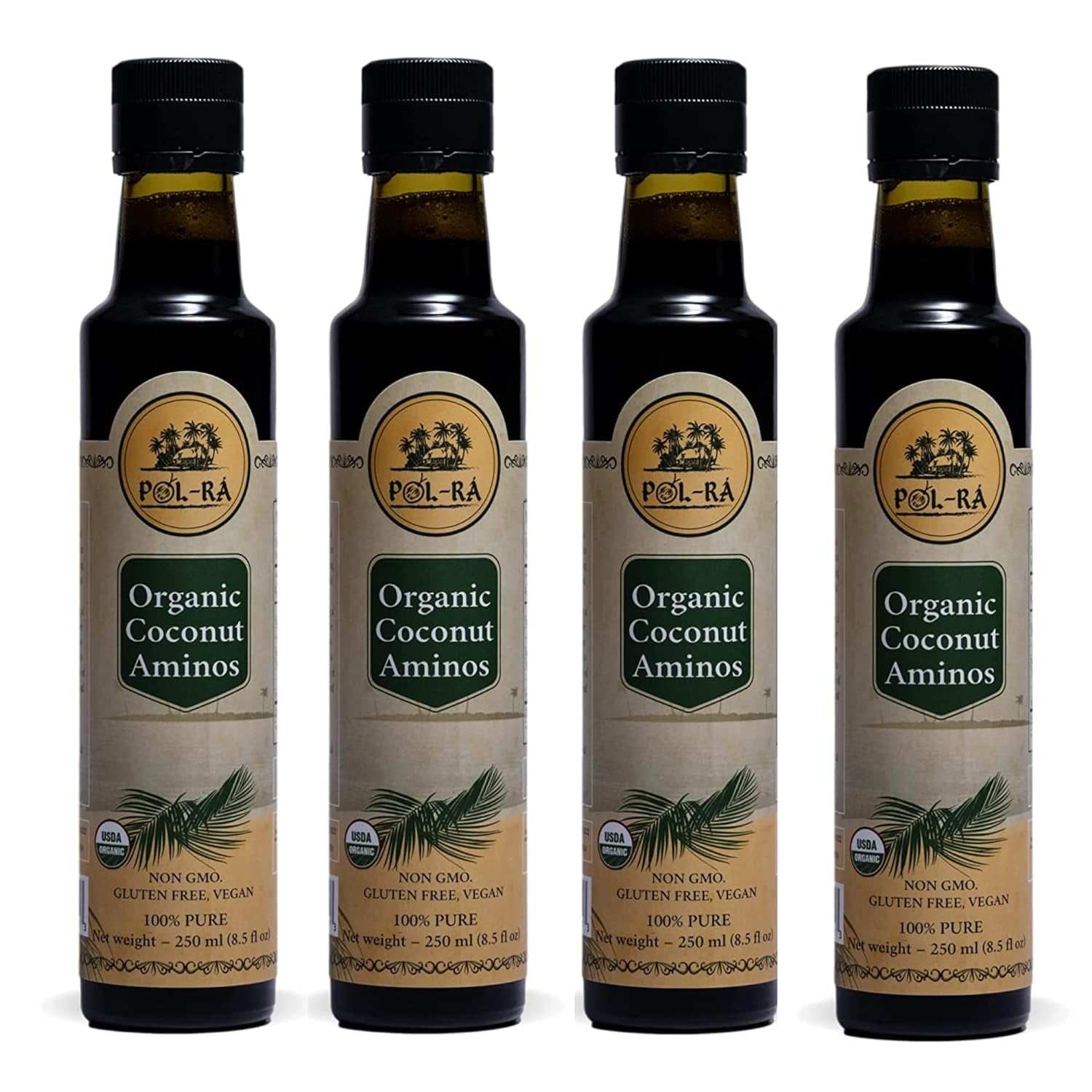 P L-RA  Organic Coconut Aminos - Soy Sauce Alternative - Vegan, Paleo & Keto - Low Glycemic, Low Sodium - Marinade Substitute - Gluten Free - Soy Free - Kosher - 8.5 Oz (50 Servings) - Pack Of 4