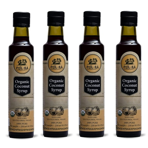 P L-RA Organic Pure Coconut Syrup for Waffles, Pancakes, Coffee & Desserts - Creamy Tropical Flavored - Natural Flavor Drink Mix - Gluten Free - Soy & Sodium Free - Kosher - 8.5 oz - Pack of 4