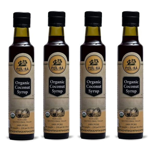 P L-RA Organic Pure Coconut Syrup for Waffles, Pancakes, Coffee & Desserts - Creamy Tropical Flavored - Natural Flavor Drink Mix - Gluten Free - Soy & Sodium Free - Kosher - 8.5 oz - Pack of 4