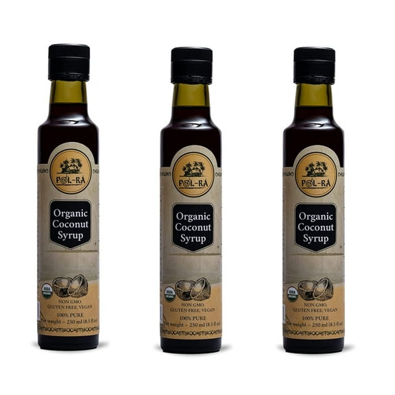 P L-RA Organic Pure Coconut Syrup for Waffles, Pancakes, Coffee & Desserts - Creamy Tropical Flavored - Natural Flavor Drink Mix - Gluten Free - Soy & Sodium Free - Kosher - 8.5 oz - Pack of 3