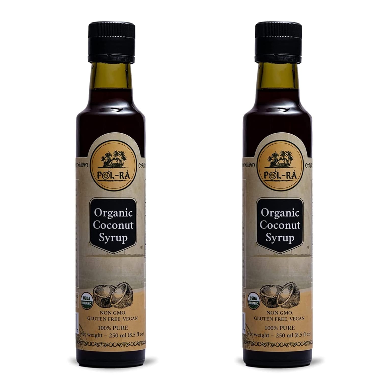 P L-RA Organic Pure Coconut Syrup For Waffles, Pancakes, Coffee & Desserts - Creamy Tropical Flavored - Natural Flavor Drink Mix - Gluten Free - Soy & Sodium Free - Kosher - 8.5 Oz - Pack Of 2