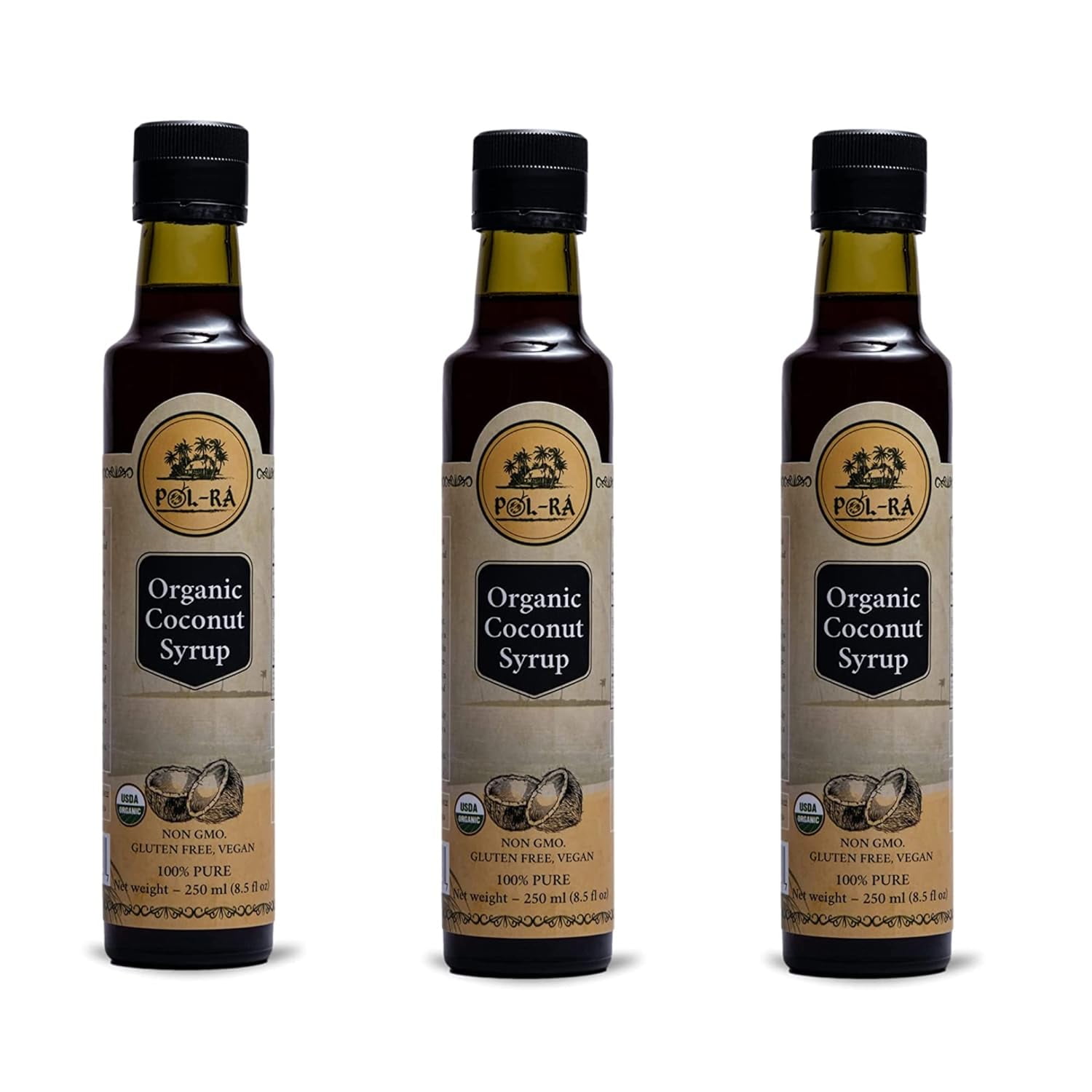 P L-RA Organic Pure Coconut Syrup For Waffles, Pancakes, Coffee & Desserts - Creamy Tropical Flavored - Natural Flavor Drink Mix - Gluten Free - Soy & Sodium Free - Kosher - 8.5 Oz - Pack Of 3