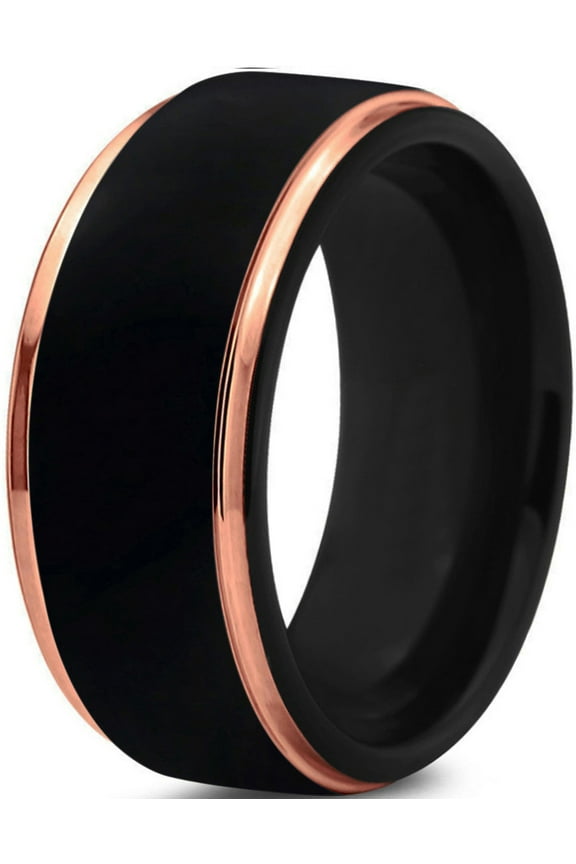 P. Manoukian Tungsten Wedding Band Ring 10mm for Men Women Black & 18K Rose Gold Plated Stepped Edge Brushed Lifetime Guarantee Size 4