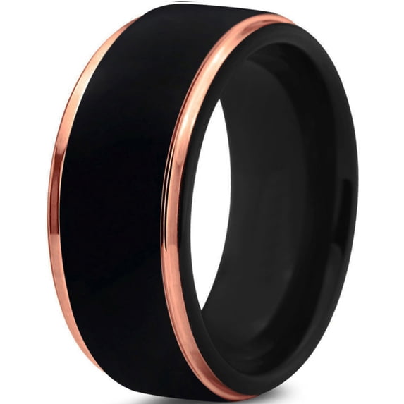 P. Manoukian Tungsten Wedding Band Ring 10mm for Men Women Black & 18K Rose Gold Plated Stepped Edge Brushed Lifetime Guarantee Size 5.5