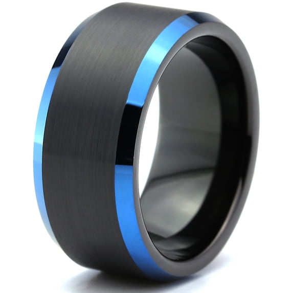 P. Manoukian Tungsten Wedding Band Ring 10mm for Men Women Black Blue Beveled Edge Brushed Lifetime Guarantee Size 6