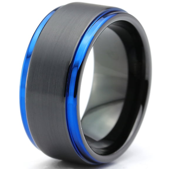 P. Manoukian Tungsten Wedding Band Ring 10mm for Men Women Black Blue Beveled Edge Brushed Lifetime Guarantee Size 9.5