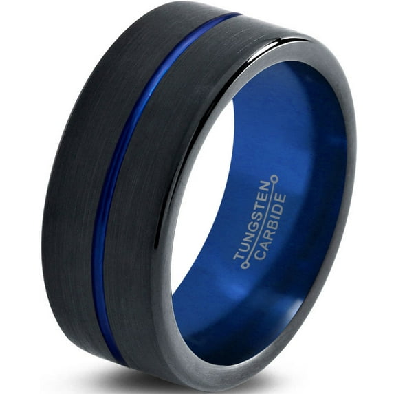 P. Manoukian Tungsten Wedding Band Ring 10mm for Men Women Black Blue Center Line Flat Cut Brushed Lifetime Guarantee Size 7