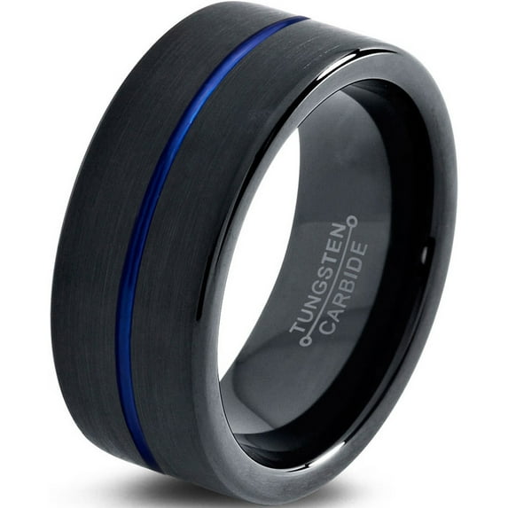 P. Manoukian Tungsten Wedding Band Ring 10mm for Men Women Black Blue Center Line Pipe Cut Brushed Lifetime Guarantee Size 7.5