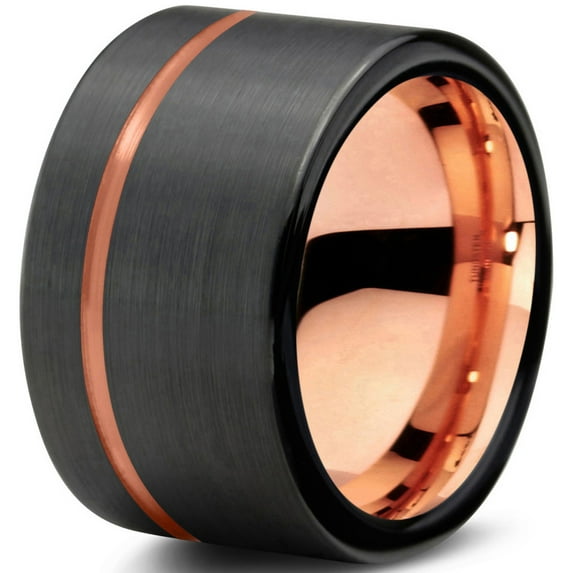 P. Manoukian Tungsten Wedding Band Ring 12mm for Men Women Black & 18K Rose Gold Plated Pipe Cut Brushed Polished Lifetime Guarantee Size 5