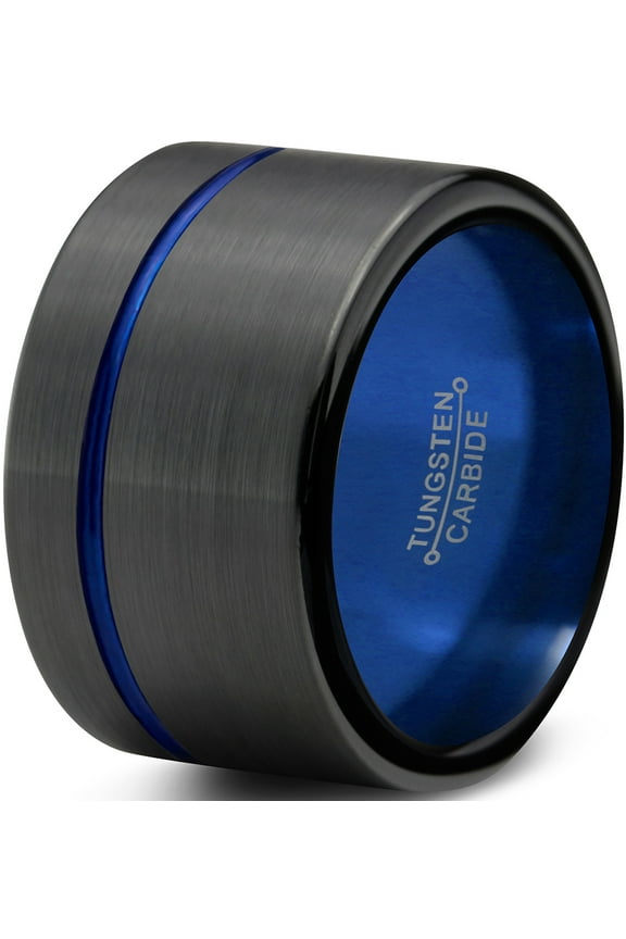 P. Manoukian Tungsten Wedding Band Ring 12mm for Men Women Black Blue Off Set Line Flat Cut Brushed Lifetime Guarantee Size 10