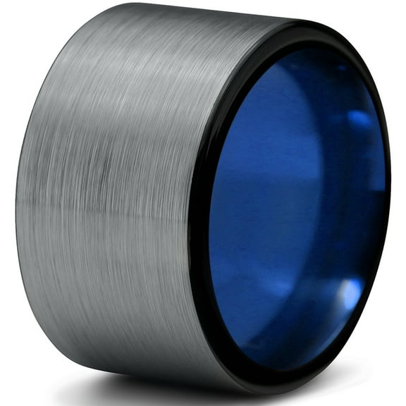 P. Manoukian Tungsten Wedding Band Ring 12mm for Men Women Blue Black Flat Cut Brushed Polished Lifetime Guarantee Size 5