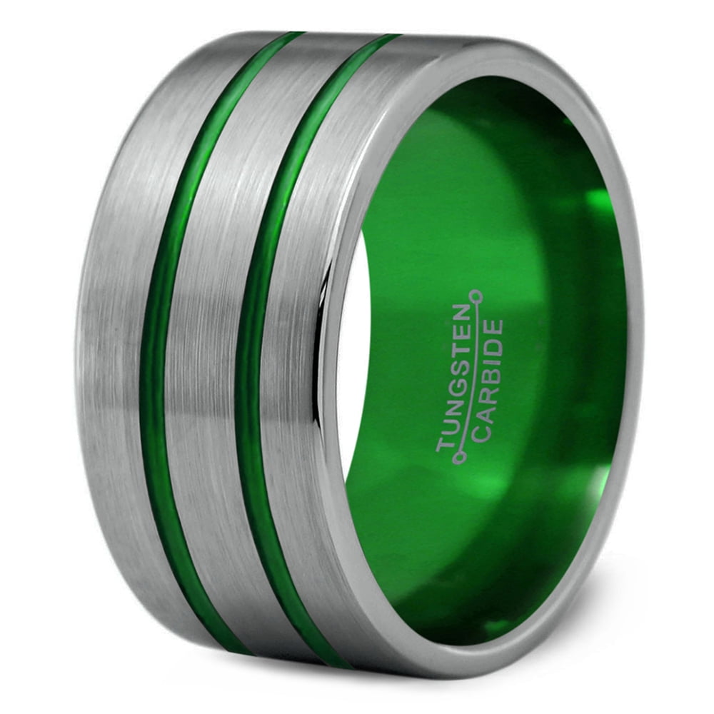 P. Manoukian Tungsten Wedding Band Ring 12mm for Men Women Green Grey Flat Double Line Flat Cut Brushed Polished Lifetime Guarantee Size 14