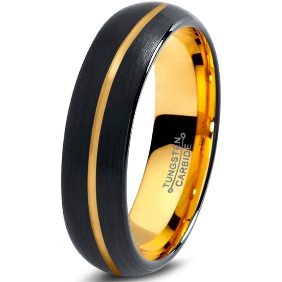 P. Manoukian Tungsten Wedding Band Ring 4mm for Men Women Black & 18K Yellow Gold Plated Center Line Dome Brushed Polished Lifetime Guarantee Size 12.5