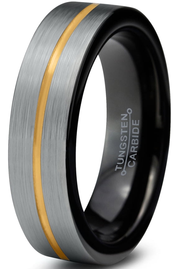 Tungsten Wedding Band Ring 4mm for Men Women Black & 18K Yellow Gold Plated Center Line Pipe Cut Brushed Polished Lifetime Guarantee Size 12.5