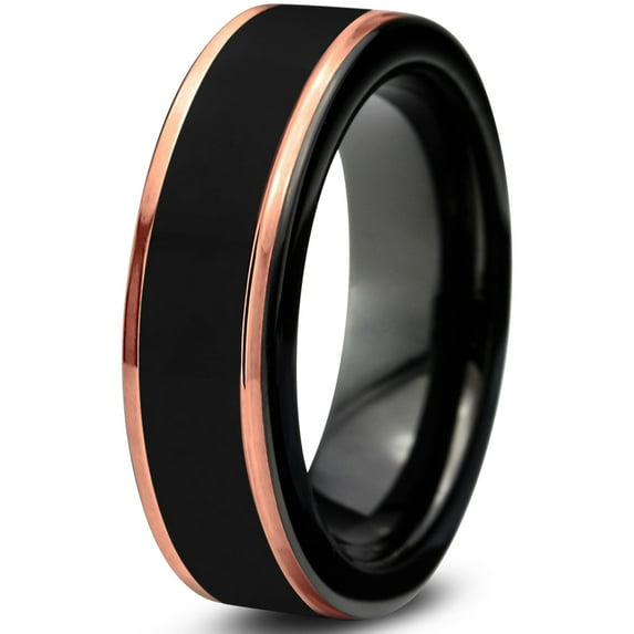 P. Manoukian Tungsten Wedding Band Ring 4mm for Men Women Black & 18K Rose Gold Plated Stepped Edge Polished Lifetime Guarantee Size 8.5