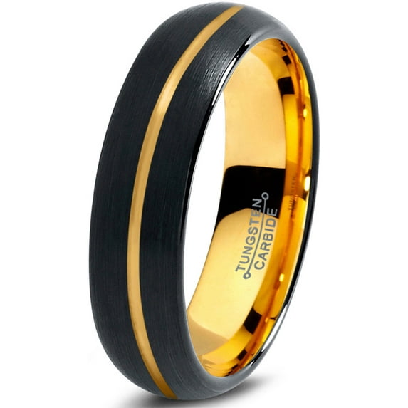 P. Manoukian Tungsten Wedding Band Ring 4mm for Men Women Black & 18K Yellow Gold Plated Center Line Dome Brushed Polished Lifetime Guarantee Size 9