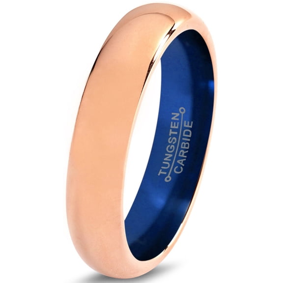 P. Manoukian Tungsten Wedding Band Ring 4mm for Men Women Blue 18k Rose Gold Plated Dome Polished Lifetime Guarantee Size 12