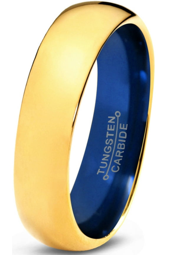 P. Manoukian Tungsten Wedding Band Ring 4mm for Men Women Blue 18k Yellow Gold Plated Domed Polished Lifetime Guarantee Size 4