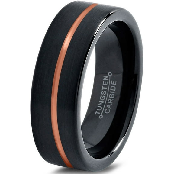 P. Manoukian Tungsten Wedding Band Ring 6mm for Men Women Black & 18K Rose Gold Plated Center Line Pipe Cut Brushed Polished Lifetime Guarantee Size 4