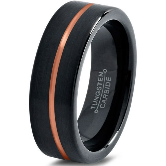 P. Manoukian Tungsten Wedding Band Ring 6mm for Men Women Black & 18K Rose Gold Plated Center Line Pipe Cut Brushed Polished Lifetime Guarantee Size 5.5