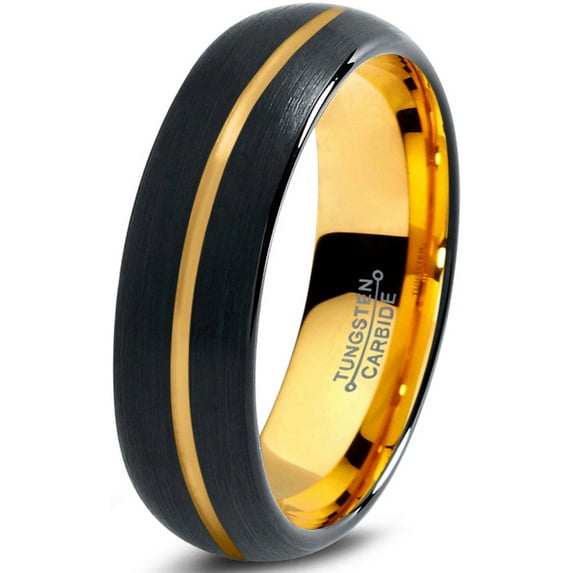P. Manoukian Tungsten Wedding Band Ring 6mm for Men Women Black & 18K Yellow Gold Plated Center Line Dome Brushed Polished Lifetime Guarantee Size 6.5