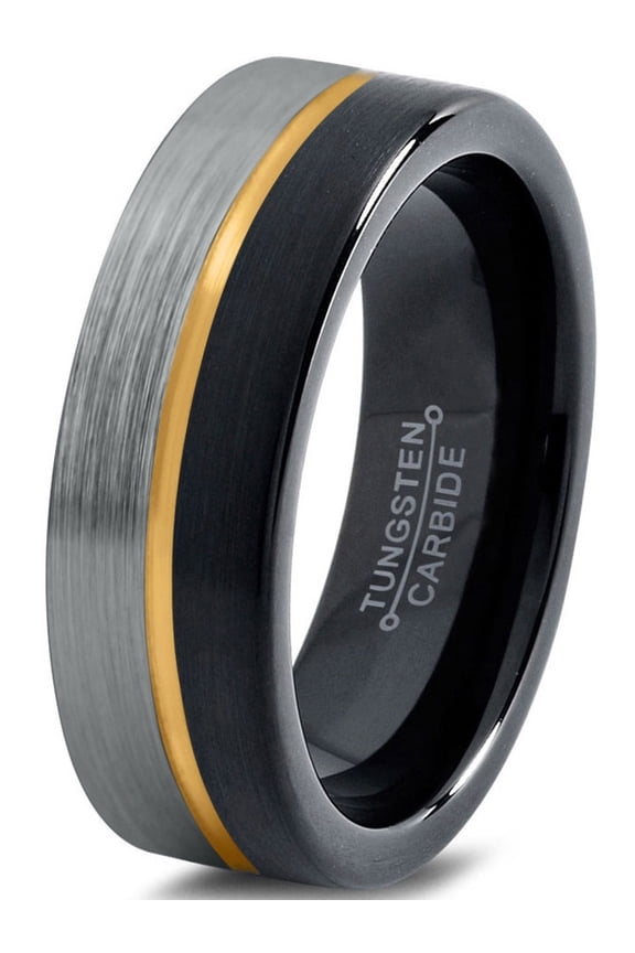 P. Manoukian Tungsten Wedding Band Ring 6mm for Men Women Black & 18K Yellow Gold Plated Center Line Pipe Cut Brushed Polished Lifetime Guarantee Size 13