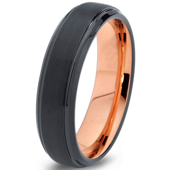 P. Manoukian Tungsten Wedding Band Ring 6mm for Men Women Black & 18K Rose Gold Plated Beveled Brushed Polished Lifetime Guarantee Size 9.5