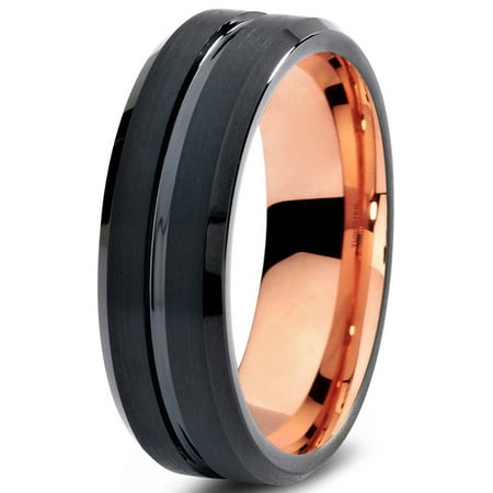 P. Manoukian Tungsten Wedding Band Ring 6mm for Men Women Black & 18K Rose Gold Plated Beveled Edge Brushed Polished Lifetime Guarantee Size 4