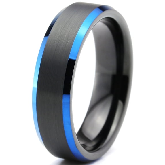 P. Manoukian Tungsten Wedding Band Ring 6mm for Men Women Black Blue Beveled Edge Brushed Lifetime Guarantee Size 12