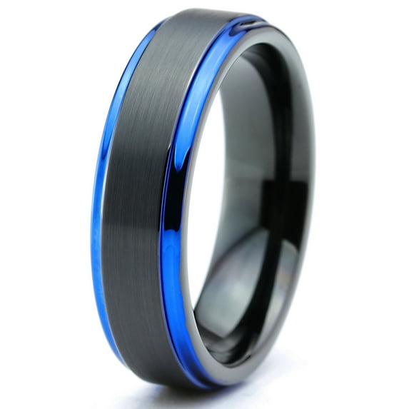P. Manoukian Tungsten Wedding Band Ring 6mm for Men Women Black Blue Center Line Stepped Edge Brushed Lifetime Guarantee Size 7.5