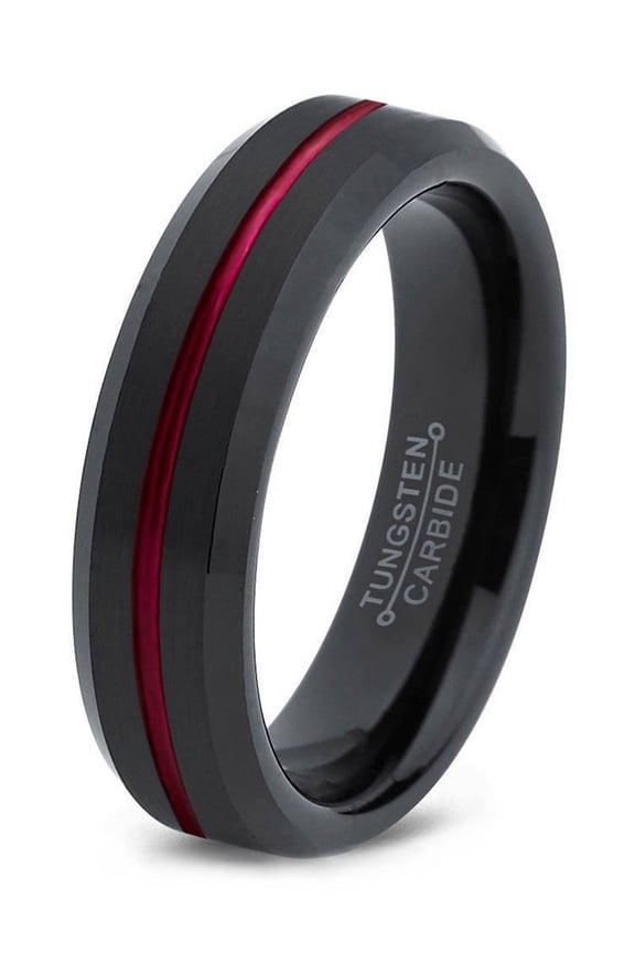 P. Manoukian Tungsten Wedding Band Ring 6mm for Men Women Red Black Beveled Edge Brushed Polished Center Line Lifetime Guarantee Size 9.5