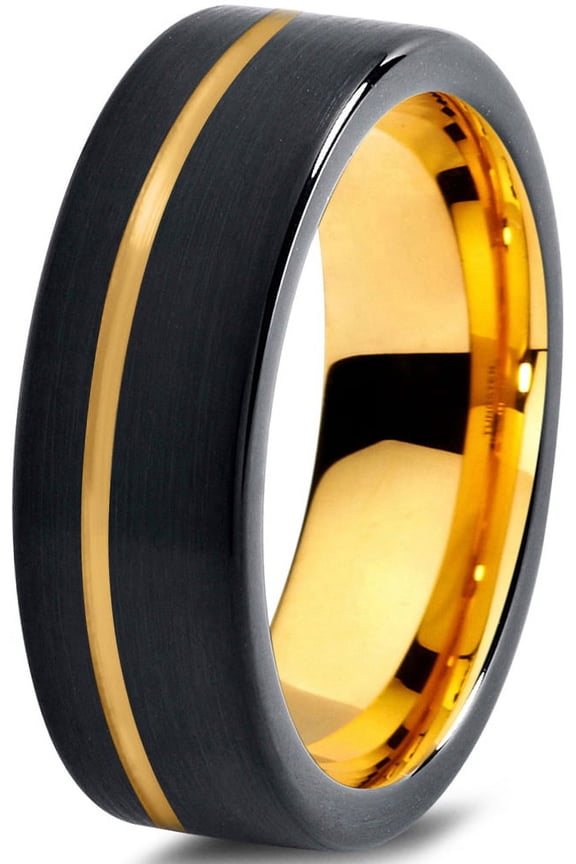Tungsten Wedding Band Ring 7mm for Men Women Black & 18K Yellow Gold Plated Pipe Cut Brushed Polished Lifetime Guarantee Size 4