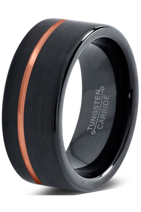 Tungsten Wedding Band Ring 8mm for Men Women Black & 18K Rose Gold Plated Offset Line Pipe Cut Brushed Polished Lifetime Guarantee Size 13