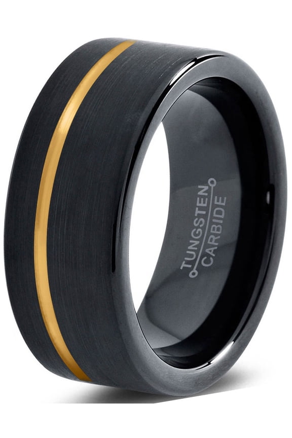 P. Manoukian Tungsten Wedding Band Ring 8mm for Men Women Black & 18K Yellow Gold Plated Offset Line Pipe Cut Brushed Polished Lifetime Guarantee Size 5