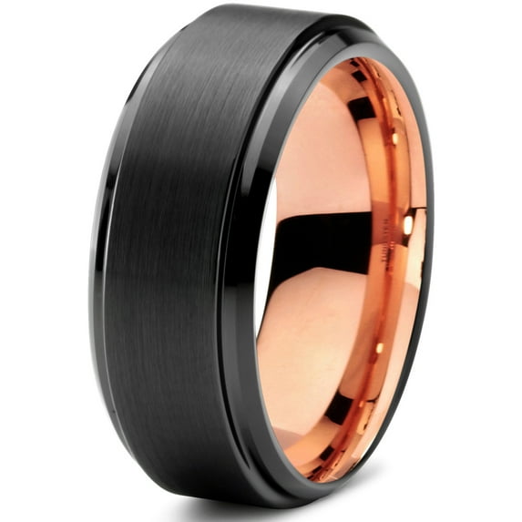 P. Manoukian Tungsten Wedding Band Ring 8mm for Men Women Black & 18K Rose Gold Plated Beveled Brushed Polished Lifetime Guarantee Size 10