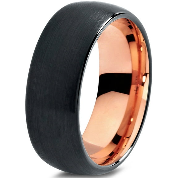 P. Manoukian Tungsten Wedding Band Ring 8mm for Men Women Black & 18K Rose Gold Plated Domed Brushed Polished Lifetime Guarantee Size 4