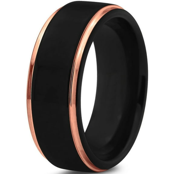 P. Manoukian Tungsten Wedding Band Ring 8mm for Men Women Black & 18K Rose Gold Plated Stepped Edge Polished Lifetime Guarantee Size 4