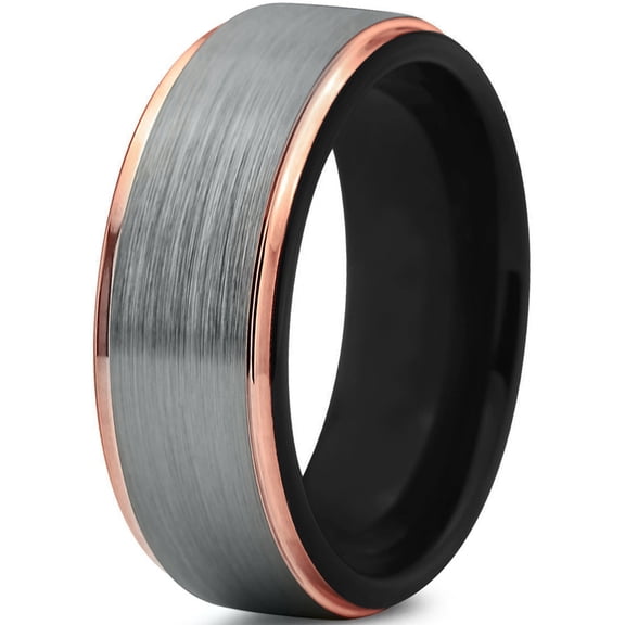 P. Manoukian Tungsten Wedding Band Ring 8mm for Men Women Black & 18K Rose Gold Plated Stepped Edge Polished Lifetime Guarantee Size 7