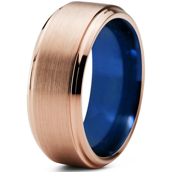P. Manoukian Tungsten Wedding Band Ring 8mm for Men Women Blue 18k Rose Gold Plated Beveled Edge Brushed Polished Lifetime Guarantee Size 14