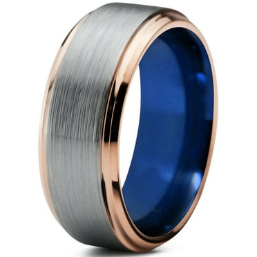 P. Manoukian Tungsten Wedding Band Ring 8mm for Men Women Blue 18k Rose Gold Plated Beveled Edge Brushed Polished Lifetime Guarantee Size 5