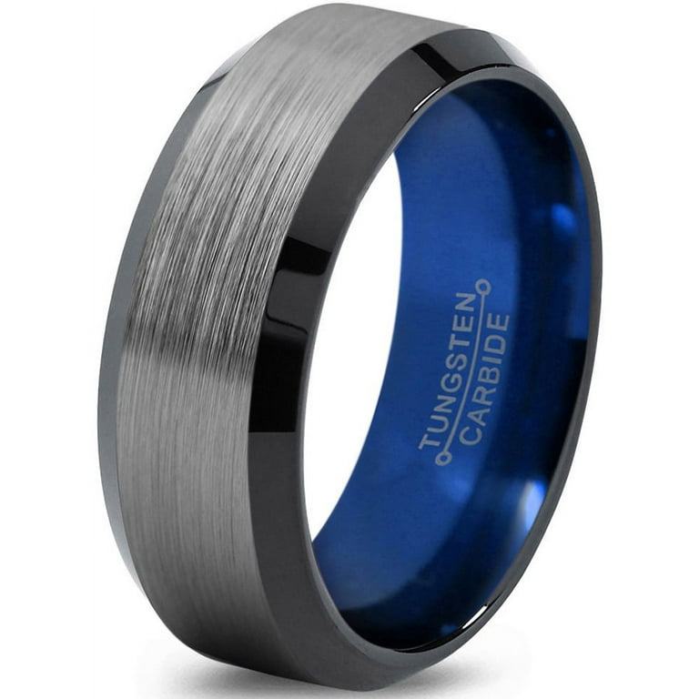 Gunmetal Ring Mens Wedding Band 8mm Engagement popular Ring Tungsten Carbide Blue Wedding Band Polished Stepped Edges Man Gunmetal Wedding Band