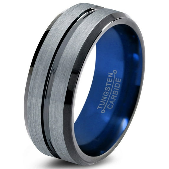 P. Manoukian Tungsten Wedding Band Ring 8mm for Men Women Blue Black Grey Beveled Edge Brushed Polished Lifetime Guarantee Size 7
