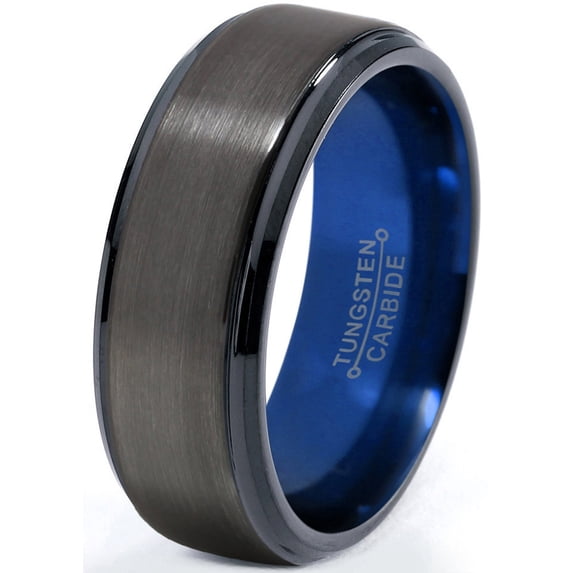 P. Manoukian Tungsten Wedding Band Ring 8mm for Men Women Blue Black Gunmetal Beveled Edge Brushed Polished Lifetime Guarantee Size 13