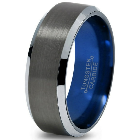 P. Manoukian Tungsten Wedding Band Ring 8mm for Men Women Blue Black Gunmetal Beveled Edge Brushed Polished Lifetime Guarantee Size 5