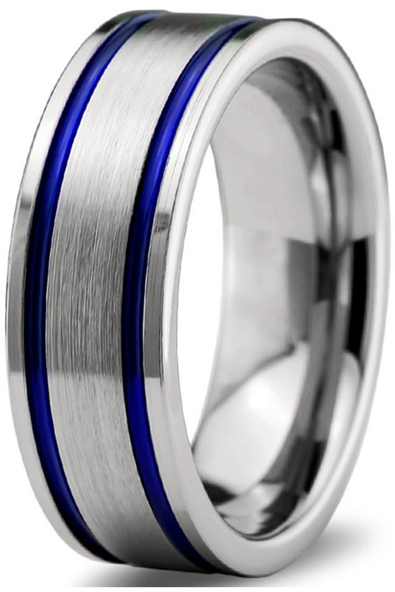 P. Manoukian Tungsten Wedding Band Ring 8mm for Men Women Blue Grey Flat Cut Brushed Lifetime Guarantee Size 9
