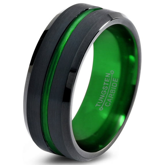 P. Manoukian Tungsten Wedding Band Ring 8mm for Men Women Green Black Beveled Edge Brushed Polished Lifetime Guarantee Size 13