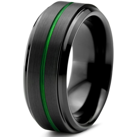 P. Manoukian Tungsten Wedding Band Ring 8mm for Men Women Green Black Beveled Edge Brushed Polished Lifetime Guarantee Size 5.5