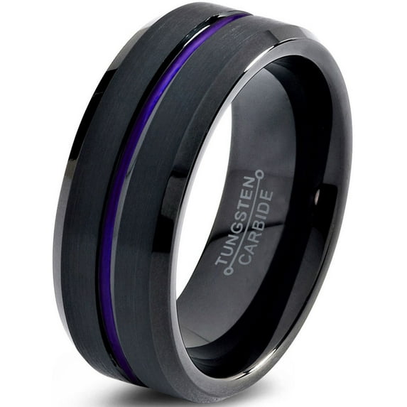 P. Manoukian Tungsten Wedding Band Ring 8mm for Men Women Purple Black Beveled Edge Brushed Polished Lifetime Guarantee Size 9.5